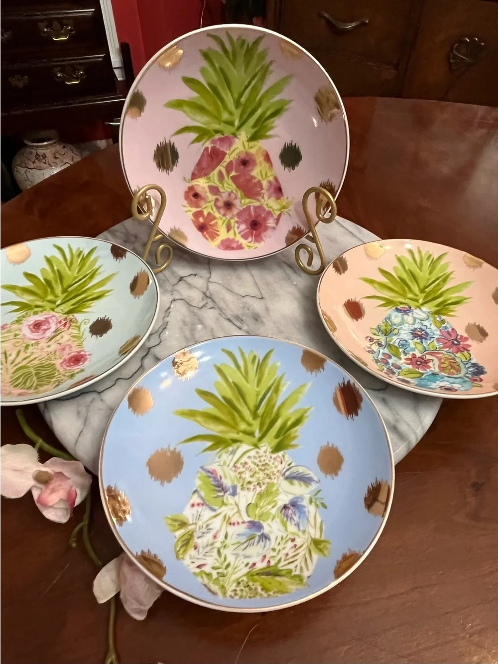 VTG Pier 1 Imports Pineapple Appetizer Plates Pastel Gold Polka Dot Set of 4